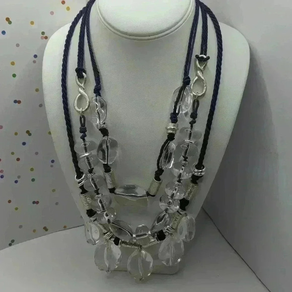 Chicos three strand choker necklace acrylic plastic bead blue cord silver thread - Picture 3 of 6